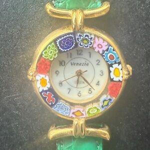 Venezia Murano Millefiori Watch with Green Leather Strap